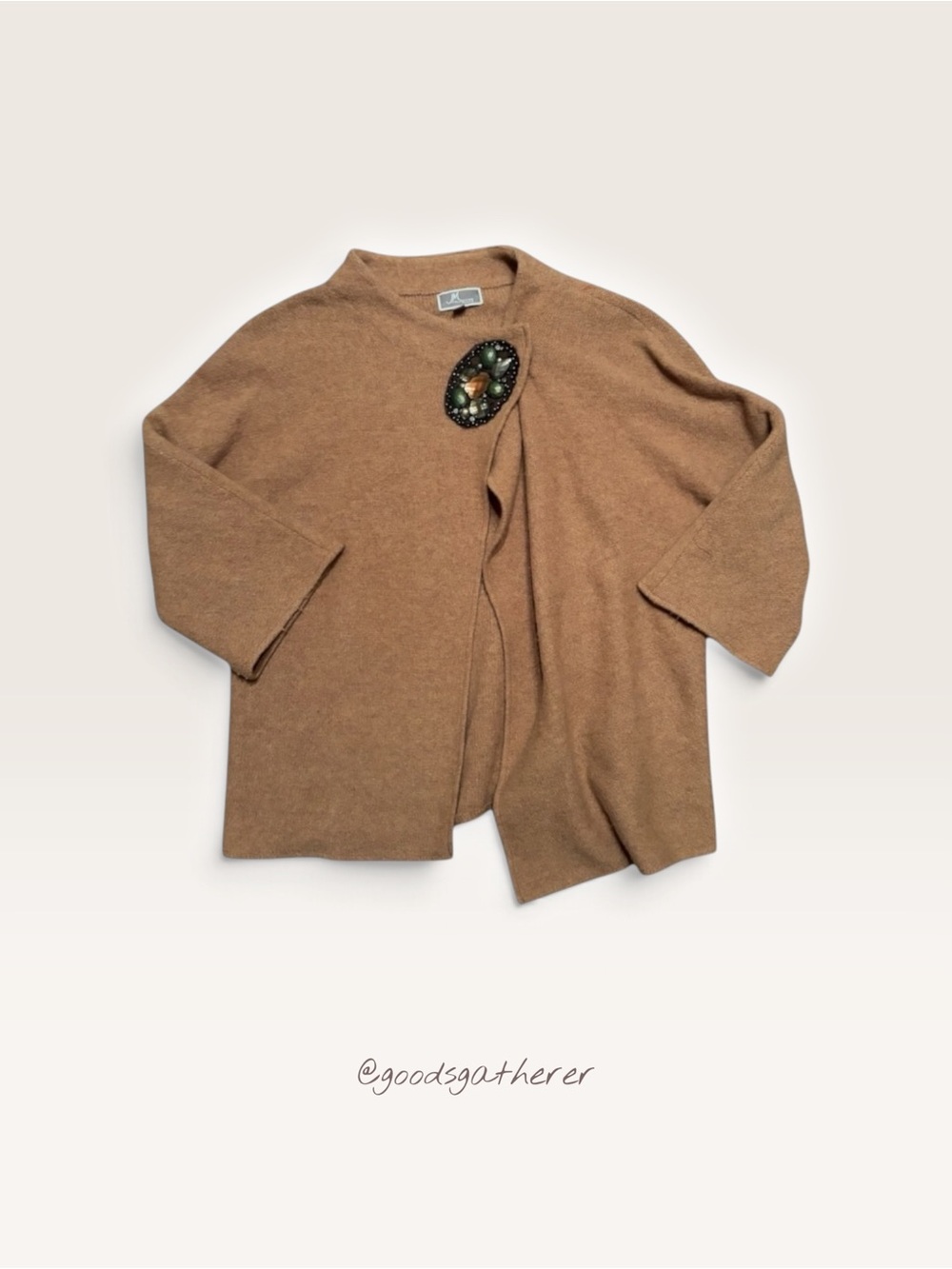 JM Collection 100% Wool Cardigan PL Jeweled Closure Camel Brown